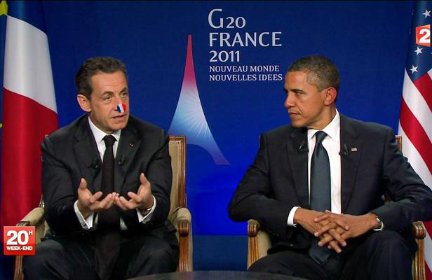 Nicolas Sarkozy et Barack Obama, lors de leur interview tlvise post-G20 le 4 novembre 2011,  Cannes.